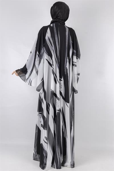 Desenli Şık Hafif Tül Elbise  Siyah-Beyaz OTW394