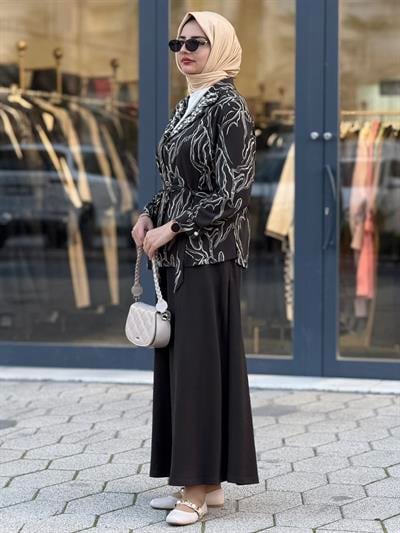 Desenli Taş İşlemeli Üçlü Örme Takım Ekru-Haki OTW4734