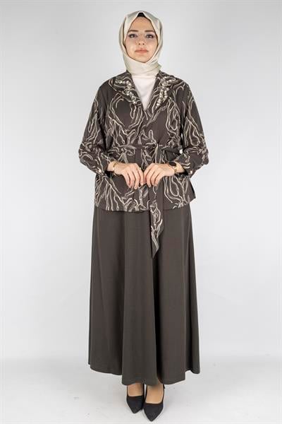 Desenli Taş İşlemeli Üçlü Örme Takım Ekru-Haki OTW4734