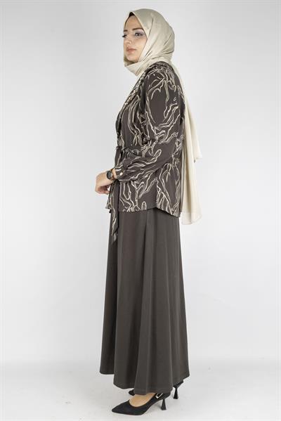 Desenli Taş İşlemeli Üçlü Örme Takım Ekru-Haki OTW4734