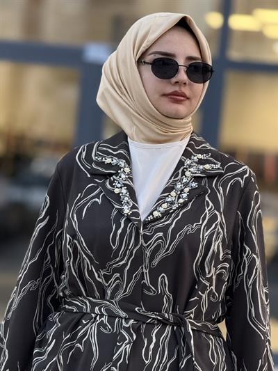 Desenli Taş İşlemeli Üçlü Örme Takım Ekru-Haki OTW4734