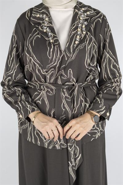 Desenli Taş İşlemeli Üçlü Örme Takım Ekru-Haki OTW4734