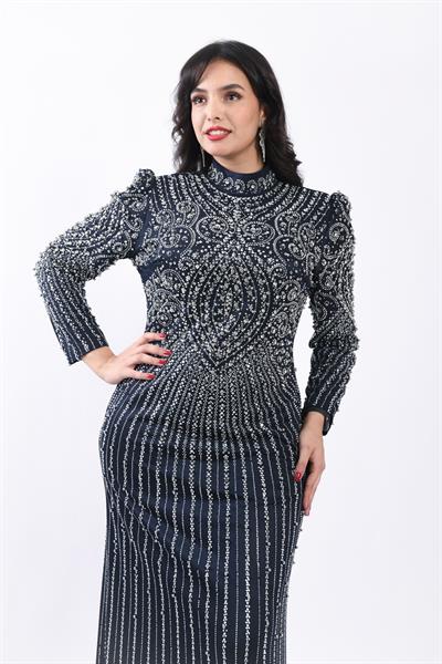 Desenli Taş İşlemeli Zarif Abiye Lacivert OTW3150