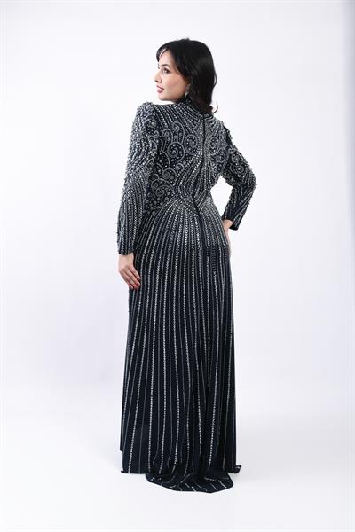 Desenli Taş İşlemeli Zarif Abiye Lacivert OTW3150