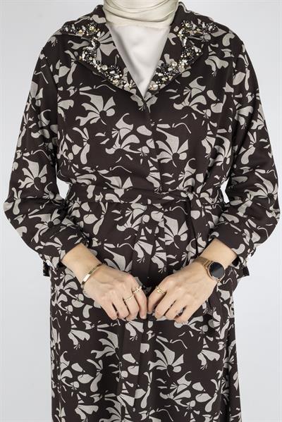 Desenli Üçlü Örme Takım Kahve-Ekru OTW4753