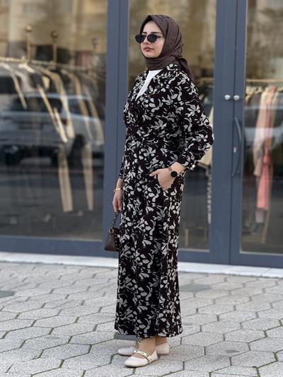 Desenli Üçlü Örme Takım Kahve-Ekru OTW4753