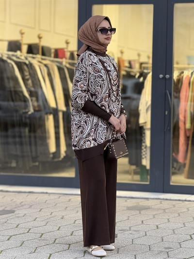 Desenli Yarasa Kol Tesettür Takım Kahve OTW45824