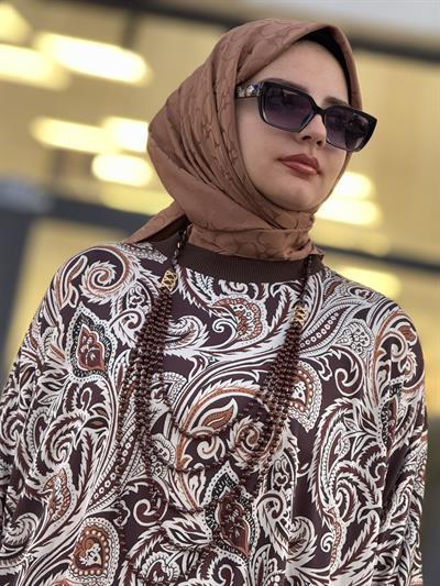 Desenli Yarasa Kol Tesettür Takım Kahve OTW45824