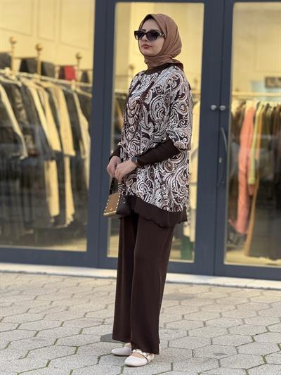 Desenli Yarasa Kol Tesettür Takım Kahve OTW45824