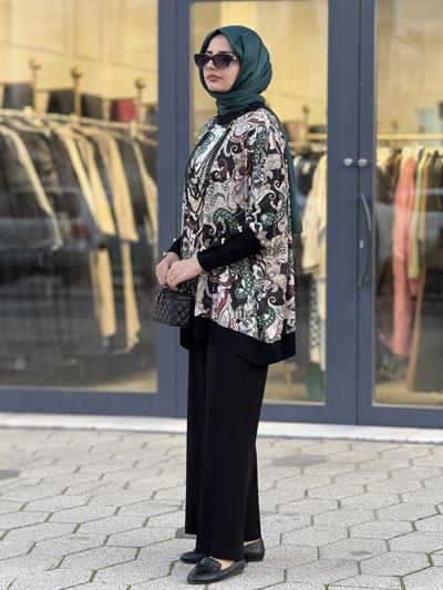 Desenli Yarasa Kol Tesettür Takım Siyah OTW45824