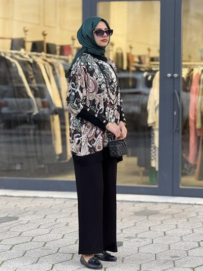Desenli Yarasa Kol Tesettür Takım Siyah OTW45824
