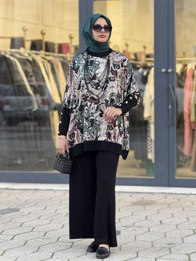 Desenli Yarasa Kol Tesettür Takım Siyah OTW45824