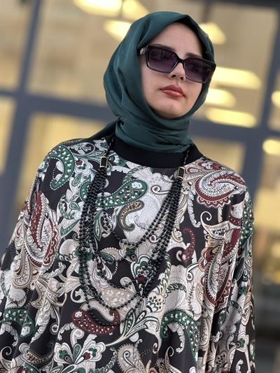 Desenli Yarasa Kol Tesettür Takım Siyah OTW45824