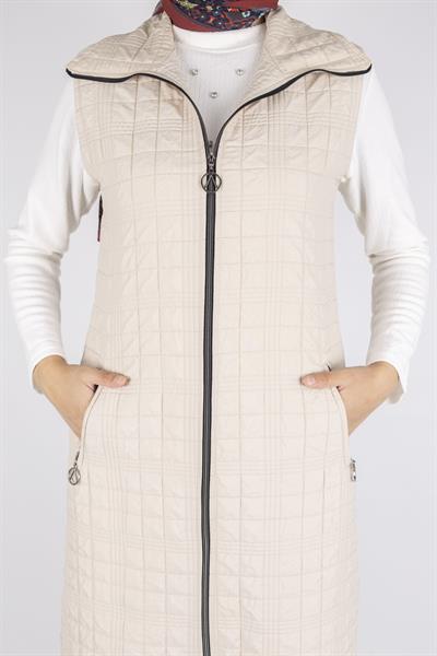 Dik Yaka Kapitone Uzun Kapüşonsuz Yelek Taş OTW4030