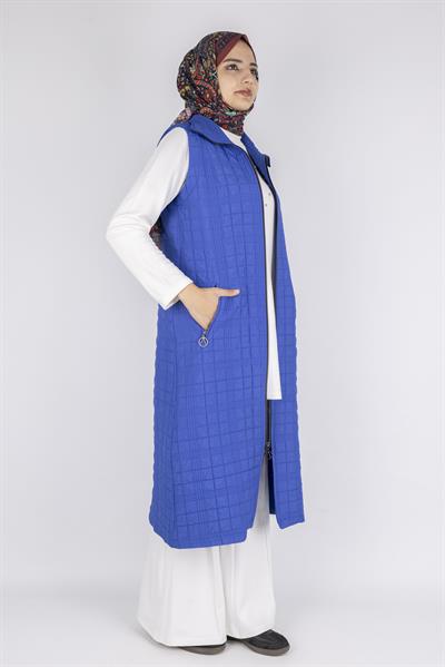 Dik Yaka Kapitone Uzun Kapüşonsuz Yelek Saks OTW4030