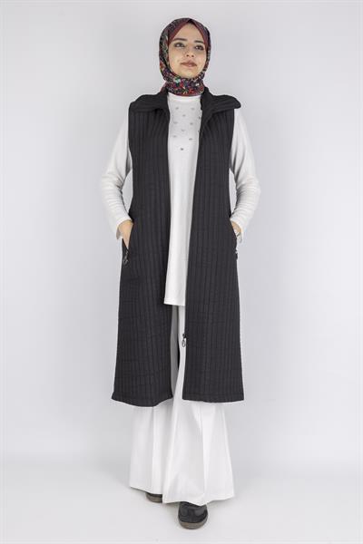 Dik Yaka Kapitone Uzun Kapüşonsuz Yelek Siyah OTW4030