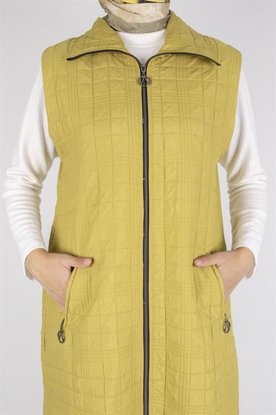 Dik Yaka Kapitone Uzun Kapüşonsuz Yelek Yağ Yeşili OTW4030