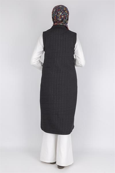 Dik Yaka Kapitone Uzun Kapüşonsuz Yelek Siyah OTW4030