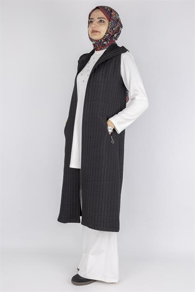 Dik Yaka Kapitone Uzun Kapüşonsuz Yelek Siyah OTW4030