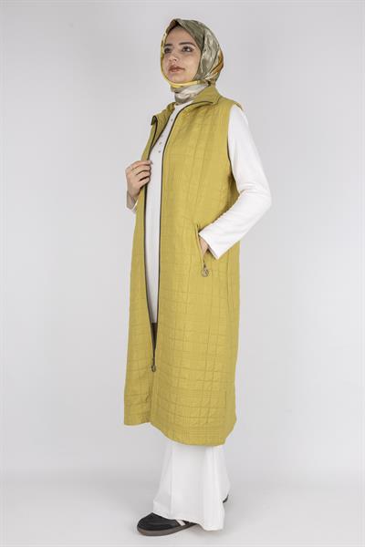 Dik Yaka Kapitone Uzun Kapüşonsuz Yelek Yağ Yeşili OTW4030