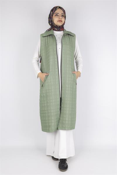 Dik Yaka Kapitone Uzun Kapüşonsuz Yelek Mint OTW4030