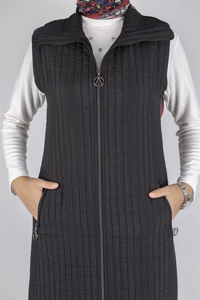 Dik Yaka Kapitone Uzun Kapüşonsuz Yelek Siyah OTW4030