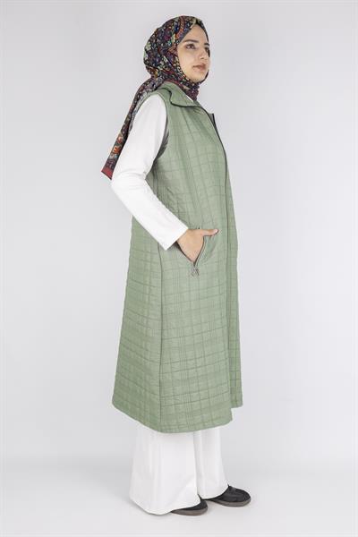 Dik Yaka Kapitone Uzun Kapüşonsuz Yelek Mint OTW4030