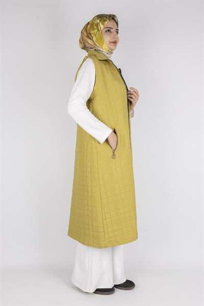 Dik Yaka Kapitone Uzun Kapüşonsuz Yelek Yağ Yeşili OTW4030