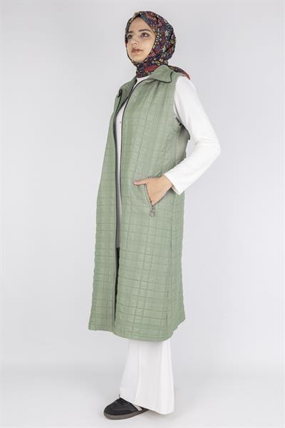 Dik Yaka Kapitone Uzun Kapüşonsuz Yelek Mint OTW4030