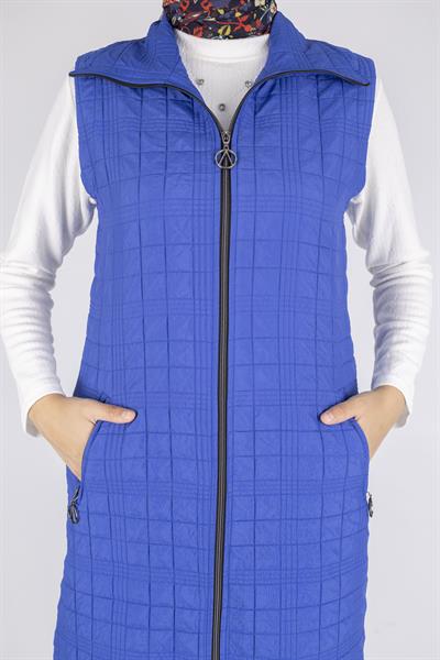 Dik Yaka Kapitone Uzun Kapüşonsuz Yelek Saks OTW4030