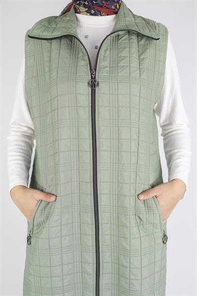 Dik Yaka Kapitone Uzun Kapüşonsuz Yelek Mint OTW4030