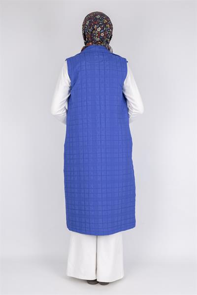 Dik Yaka Kapitone Uzun Kapüşonsuz Yelek Saks OTW4030