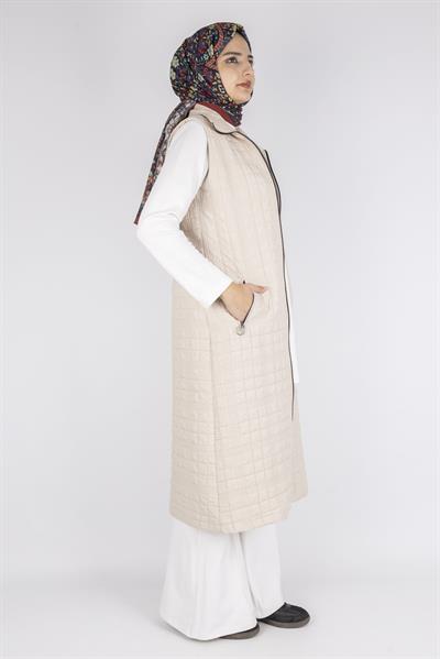 Dik Yaka Kapitone Uzun Kapüşonsuz Yelek Taş OTW4030