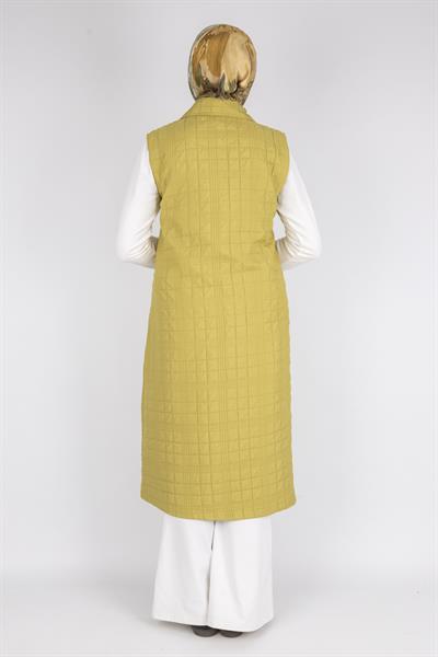 Dik Yaka Kapitone Uzun Kapüşonsuz Yelek Yağ Yeşili OTW4030