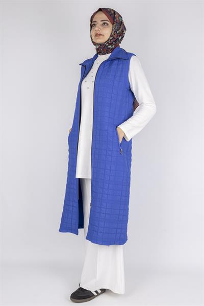 Dik Yaka Kapitone Uzun Kapüşonsuz Yelek Saks OTW4030