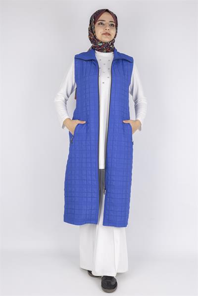 Dik Yaka Kapitone Uzun Kapüşonsuz Yelek Saks OTW4030