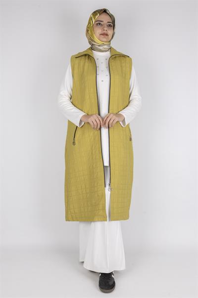 Dik Yaka Kapitone Uzun Kapüşonsuz Yelek Yağ Yeşili OTW4030