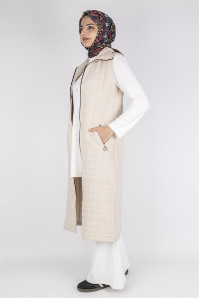 Dik Yaka Kapitone Uzun Kapüşonsuz Yelek Taş OTW4030