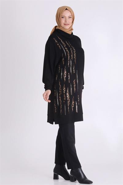 Dikey Taş İşlemeli Tesettür Tunik Siyah OTW20130
