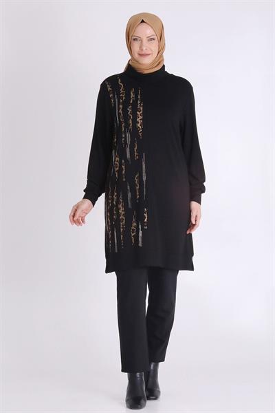 Dikey Taş İşlemeli Tesettür Tunik Siyah OTW20130