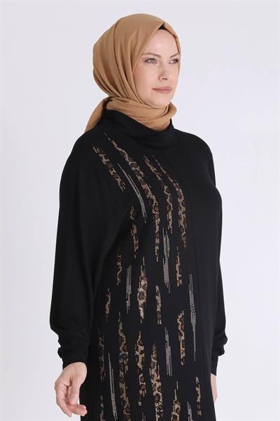 Behrem Dikey Taş İşlemeli Tesettür Tunik Siyah OTW20130