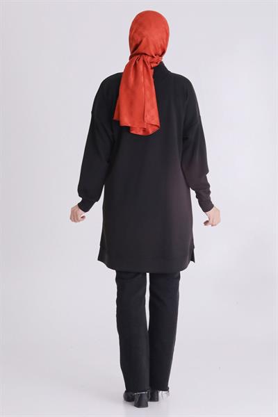 Behrem Dikey Taş Şerit Detaylı Tesettür Tunik Siyah OTW20124