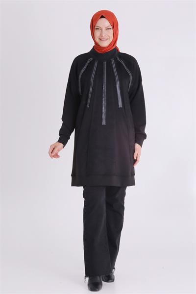 Behrem Dikey Taş Şerit Detaylı Tesettür Tunik Siyah OTW20124