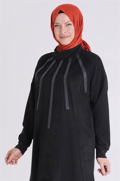 Behrem Dikey Taş Şerit Detaylı Tesettür Tunik Siyah OTW20124