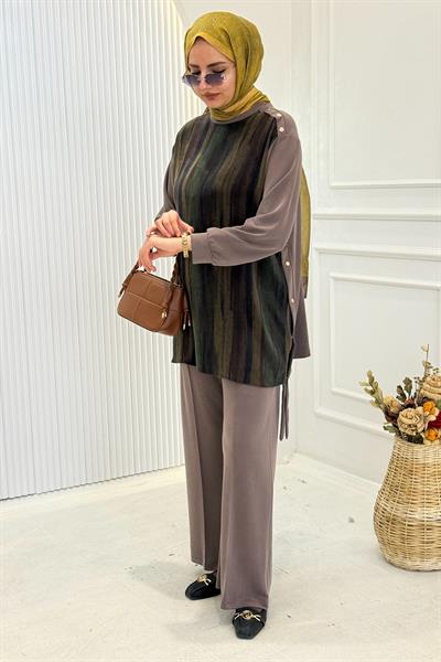 Doğal Desenli Tunik Pantolon Takım Kahve OTW3453