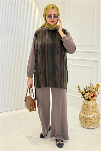 Doğal Desenli Tunik Pantolon Takım Kahve OTW3453