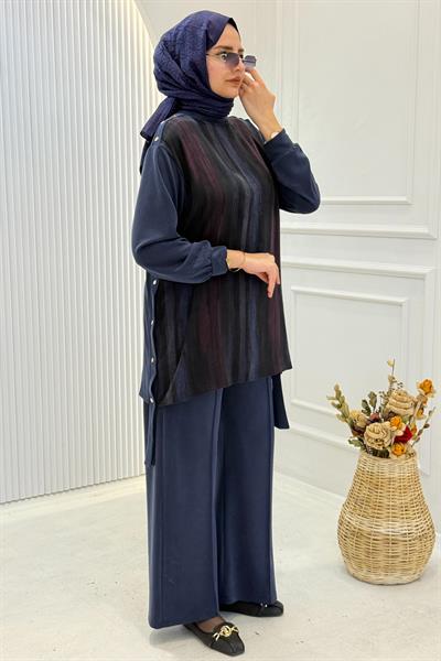 Doğal Desenli Tunik Pantolon Takım Lacivert OTW3453