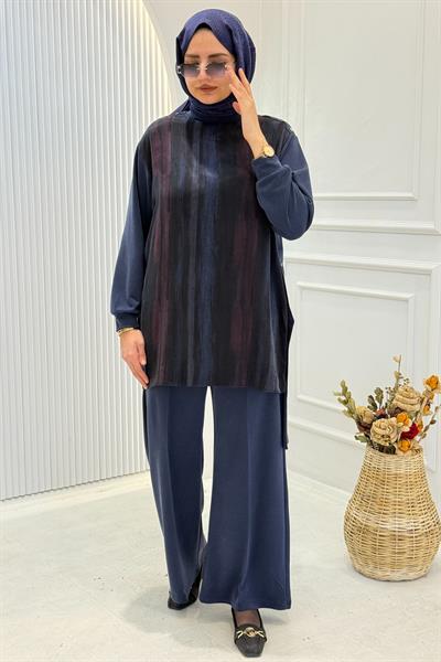 Doğal Desenli Tunik Pantolon Takım Lacivert OTW3453