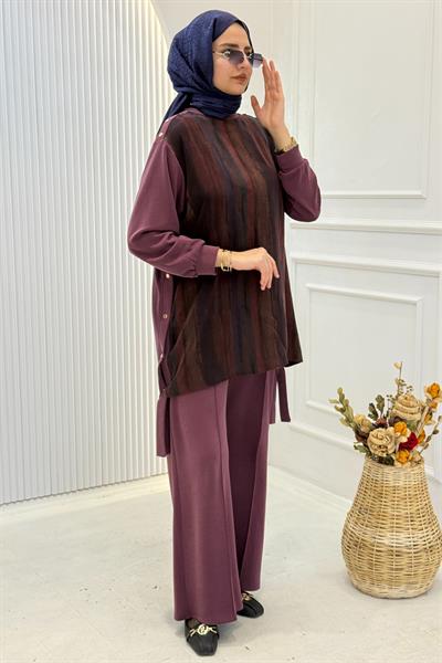 Doğal Desenli Tunik Pantolon Takım Mürdüm OTW3453