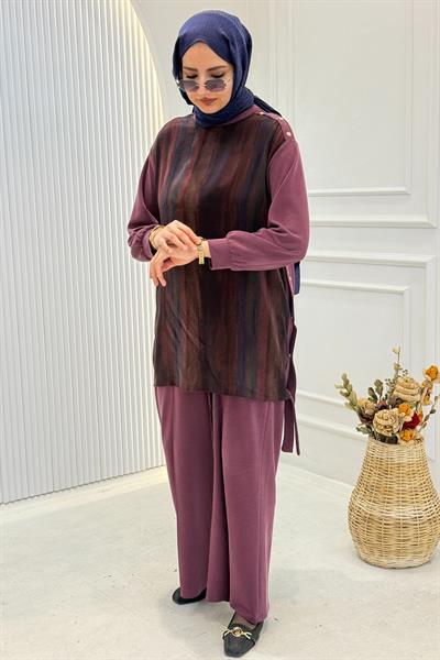 Doğal Desenli Tunik Pantolon Takım Mürdüm OTW3453